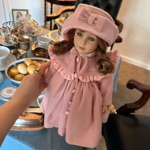 Vintage Doll with Rose Dress and beautiful hat